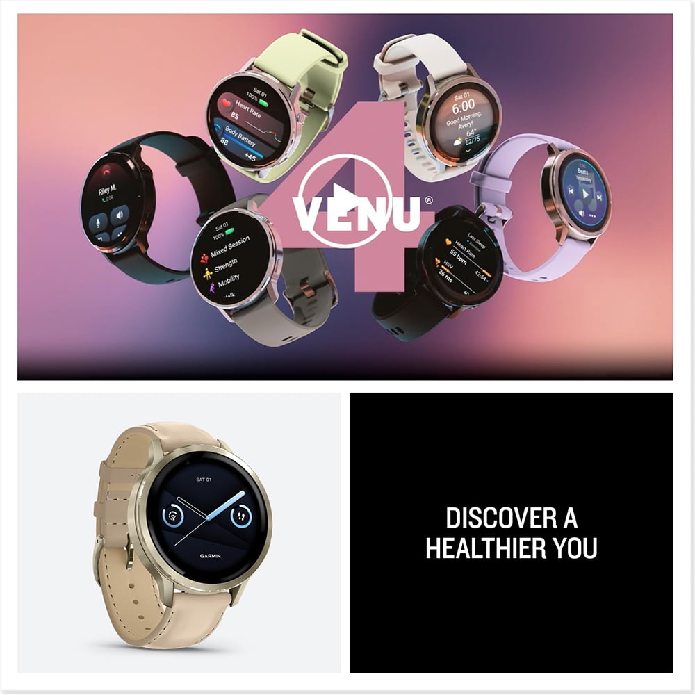 Garmin 010-03013-03 Venu 4, 41mm Smartwatch, Lunar Gold with Bone Band and Light Sand Leather Band Bundle with 2 YR CPS Extended Warranty