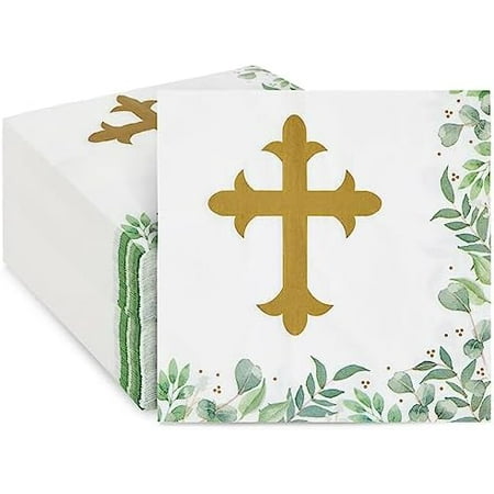 Baptism Napkins Cross Design for Christening Decorations - 100 Pack, 2-Ply, 6.5 x 6.5 In$$Home Decor, Kitchen, & Other