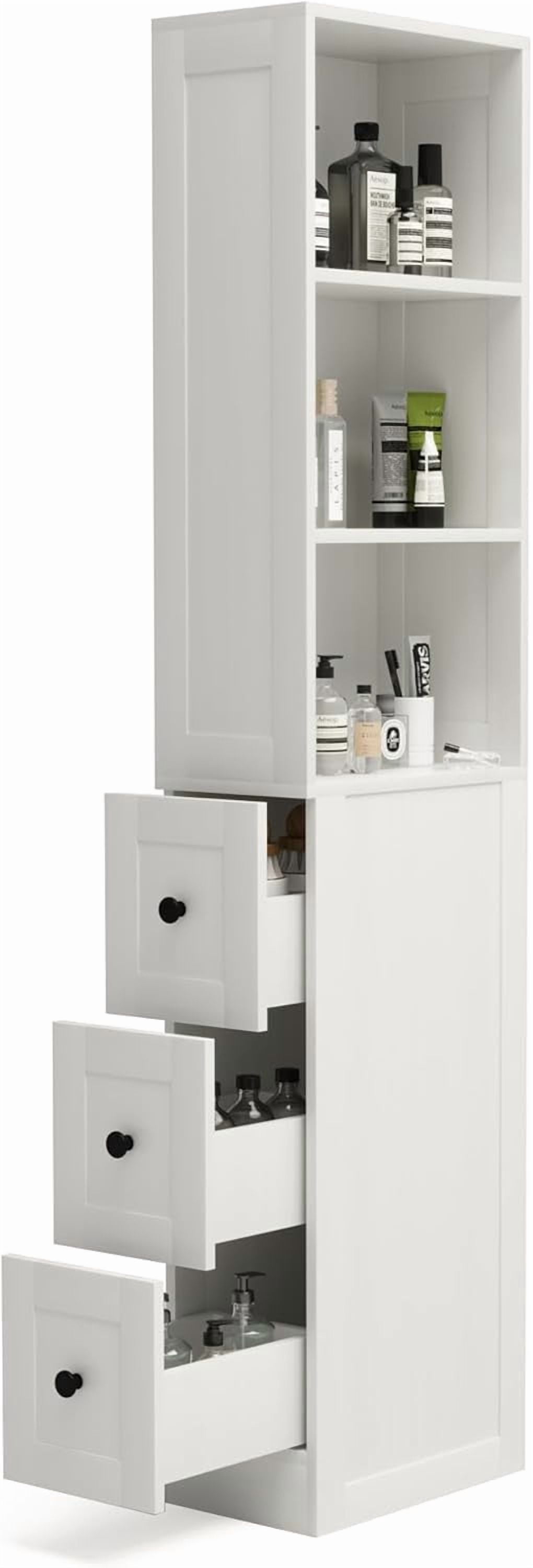 LAUSAINT HOME Tall Narrow Bathroom Storage Cabinet with Anti-Tip Kit, 3-Drawer Storage Organizer with 2 Adjustable Shelves for Laundry Room, Small Space (White)