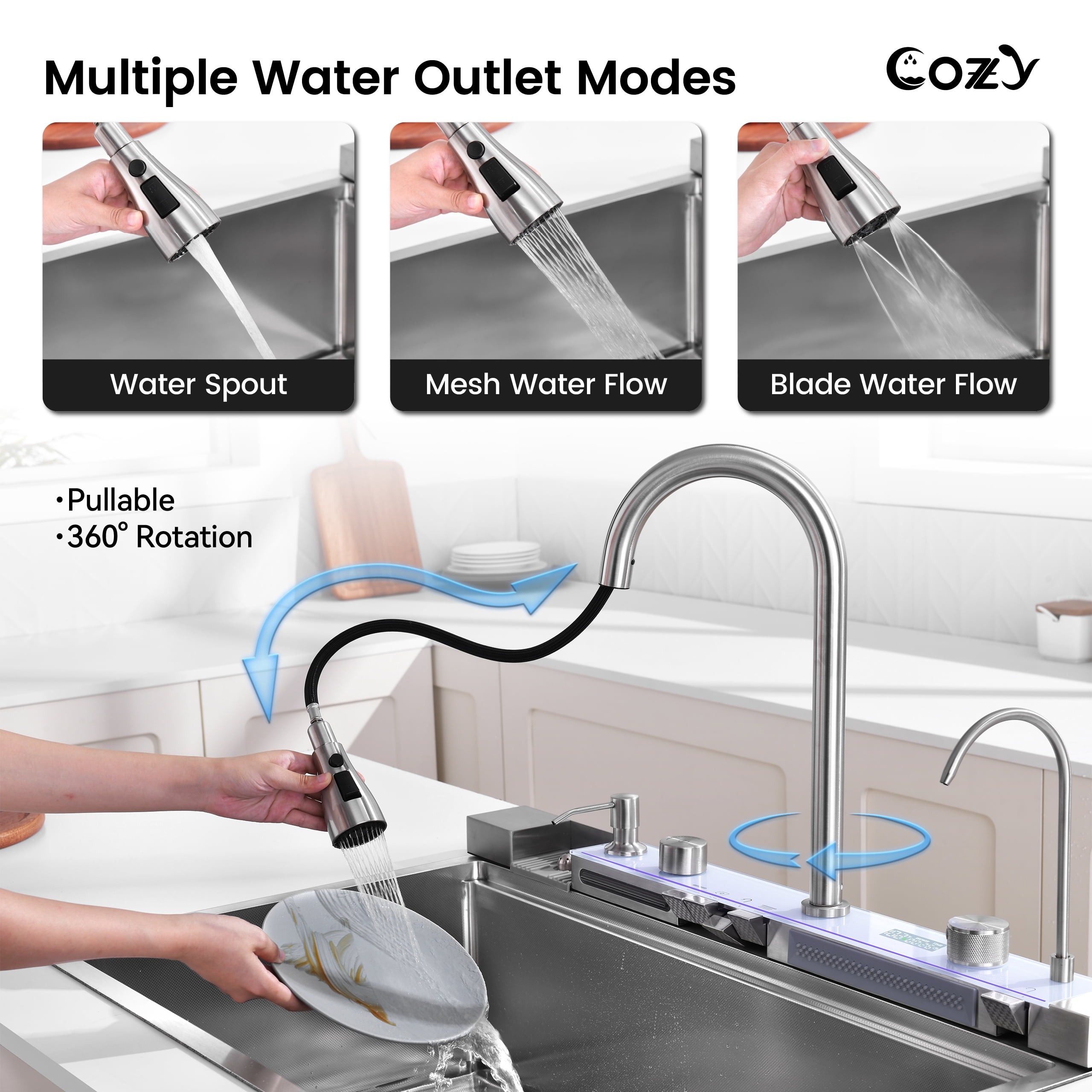 33″×22″ Stainless Steel Single Bowl Kitchen Sink, Brushed Waterfall Workstation with Flying-Rain Faucet, Sprayhead, Cup Washer, 1 pack, SS-BR06-332212