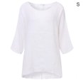 thumbnail image 1 of T-Shirt Femme Couleur Unie Haut Décontracté Manches Courtes Lin Col Rond Haut Blouse, Blanc, P, 1 of 6