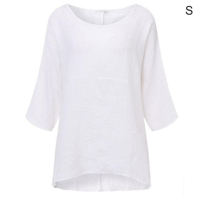 T-Shirt Femme Couleur Unie Haut Décontracté Manches Courtes en Lin T Blouse, Blanc, P