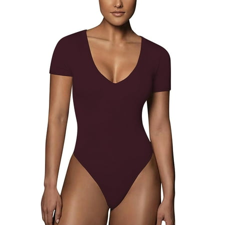 

GWAABD Womens Sports Bra Workout Yoga Padded Bra Women s Slid Color Fitting Short Sleeves V Neck Bodysuit Bottoming Jumpsuit Bodysuit Top