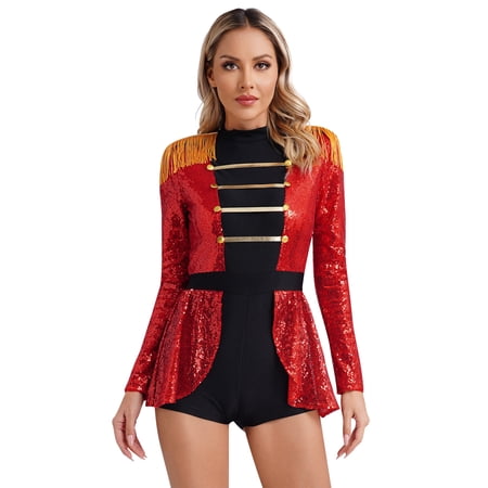 Doomiva Women's Sparkly Sequin Jumpsuit Circus Ringmaster Costume Tassel Skirted Bodysuit Clubwear Red L