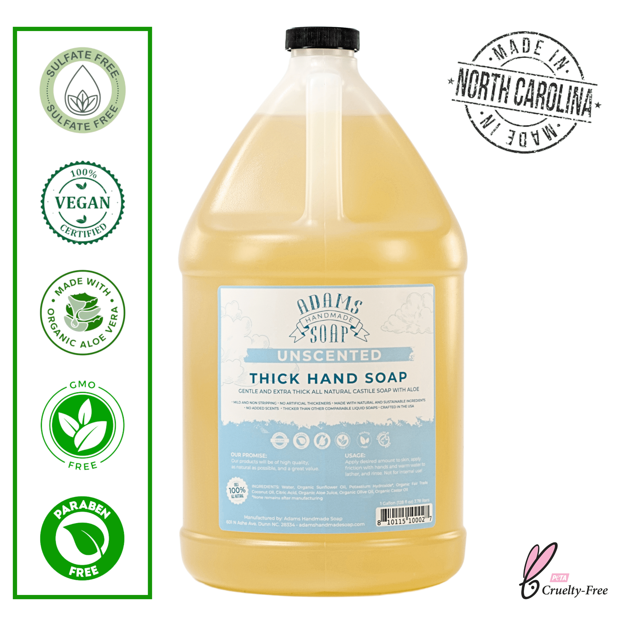 Unscented Organic Castile Liquid Hand Soap 1 Gallon Refill Adams Handmade Soap