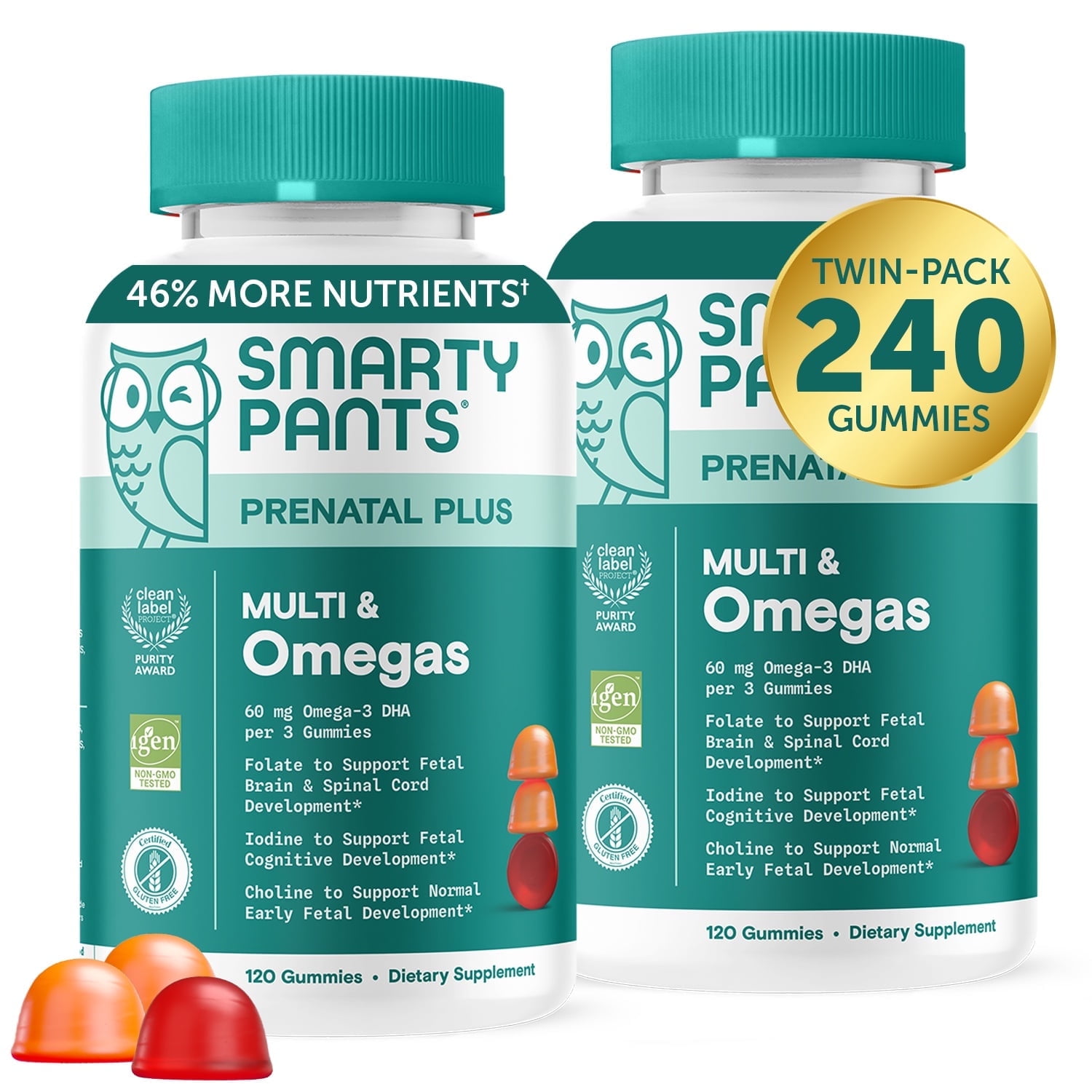 SmartyPants Prenatal Plus Multi & Omega-3 Gummies 2-Pack, Improved Formula, 50% Less Sugar, 120 Ct Ea