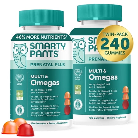 SmartyPants Prenatal Plus Multi & Omega-3 Gummies 2-Pack, Improved Formula, 50% Less Sugar, 120 Ct Ea