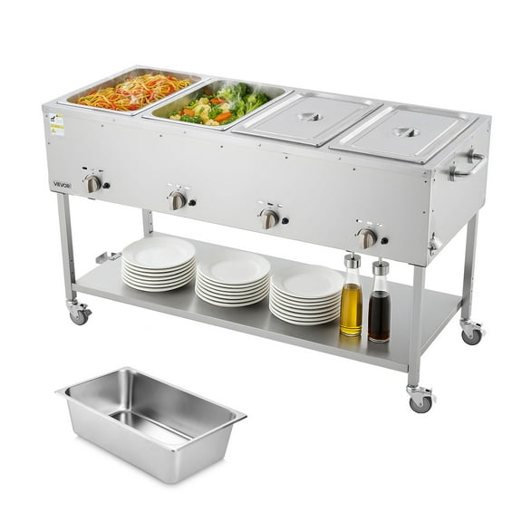 VEVOR 4-Pan Commercial Propane Steam Table, LP Gas Outdoor Soup Warmer with Drain Valve and 3" Wheels, Stainless Steel Propane Food Warmer with Independent Temp Control