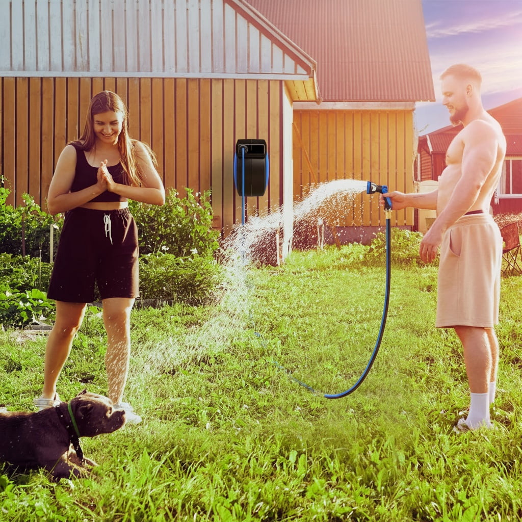 Legooin 82ft x 5/8 in Retractable Hose Reel, Wall Mount Garden Hose Reel for Outdoor Water Hose with 10-Pattern Sprayer Nozzle, Auto Rewind, Length Lock, 180° Swivel