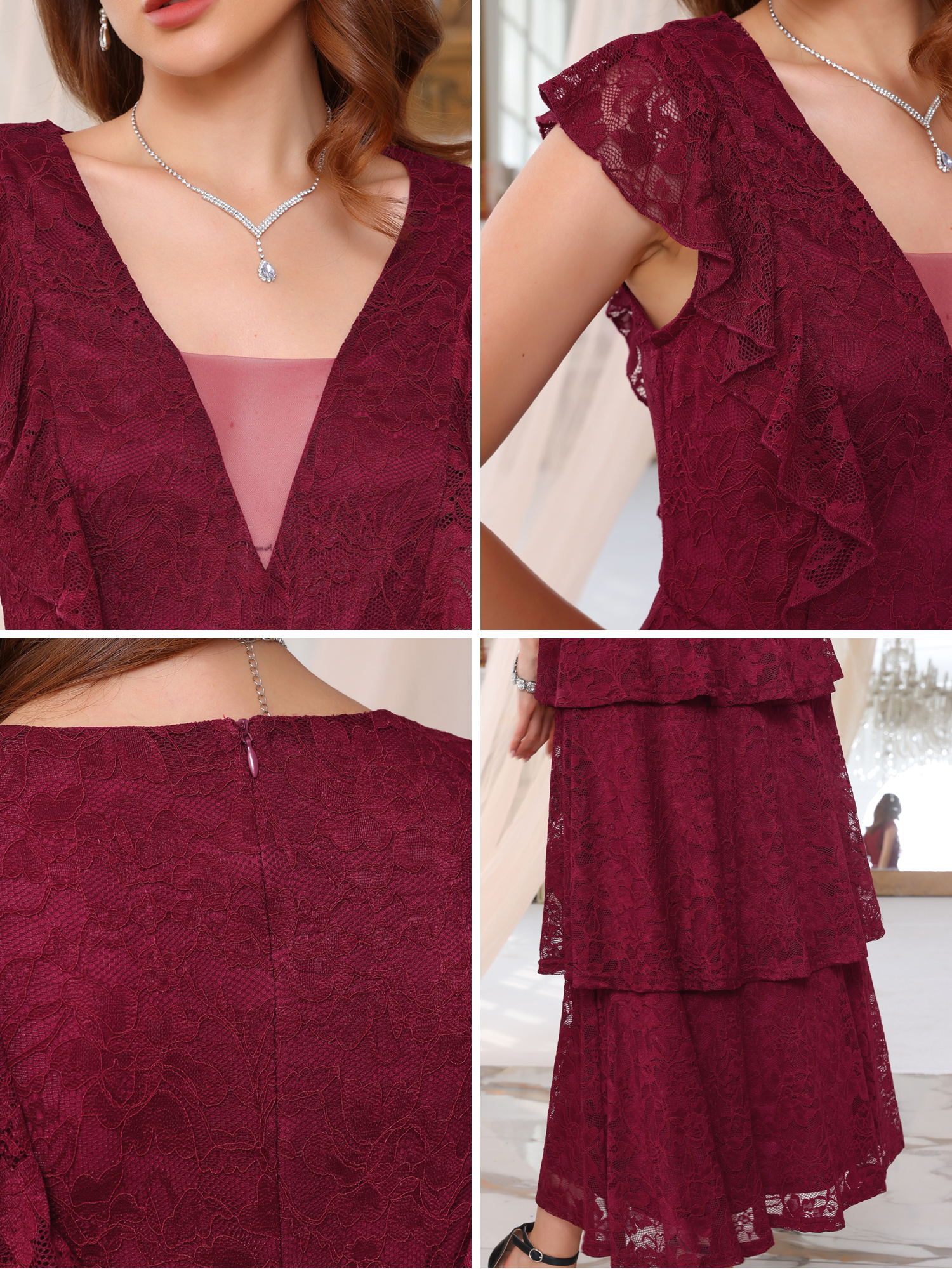 DARING DIVA Women's Wedding Guest Cocktail Ruffle Cap Sleeves Dress L Burgundy