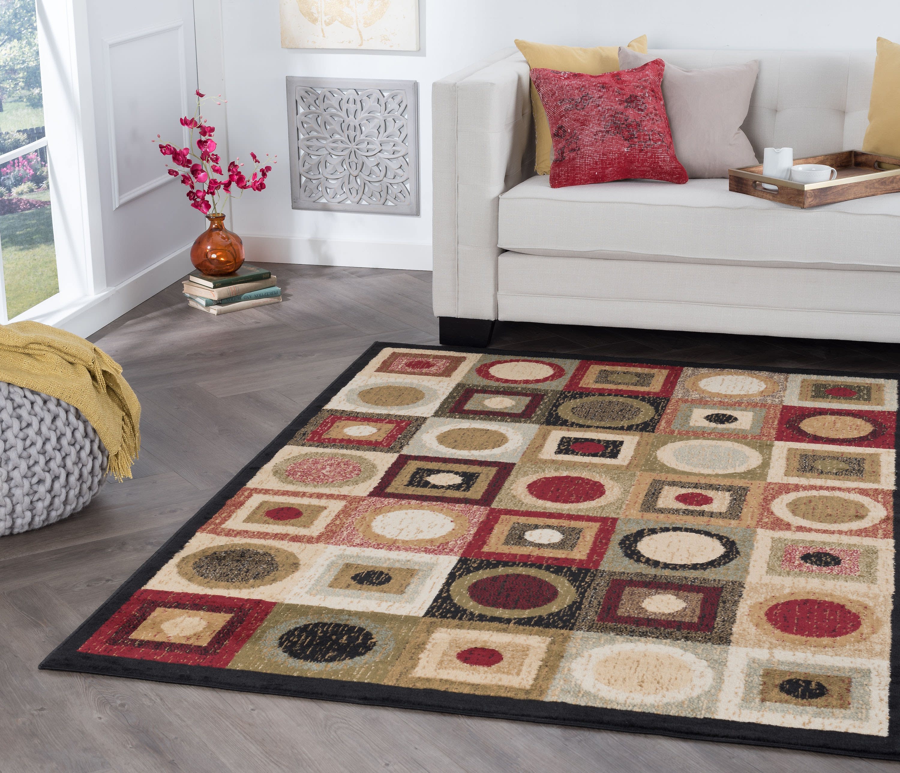 Contemporary 9x13 Area Rug (8'9'' x 12'3'') Geometric Black, Red Living