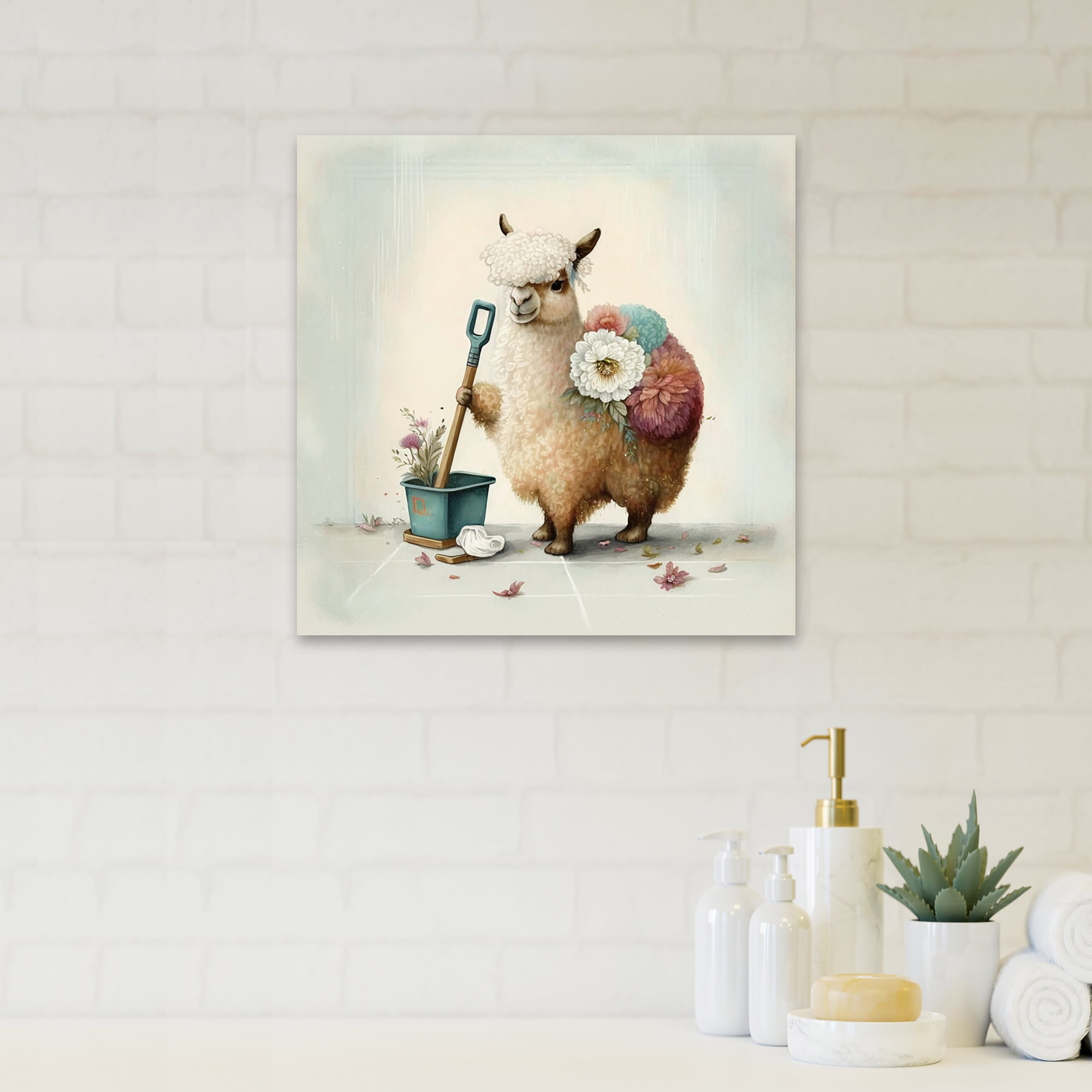 Designart Llama Cleaning With Flowers Canvas Wall Art