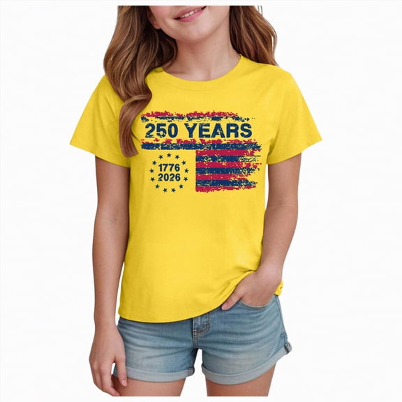 mgoYE 4th of July Shirts for Girls Boys American Flag Patriotic Shirts 250 Anniversary USA Stars and Stripes Independence Day Tee Top 250th Anniversary USA Shirt Crew Neck(Yellow,9-10Years)