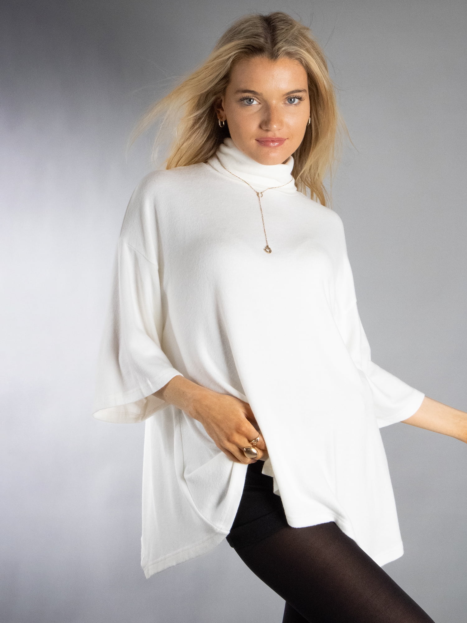 DARING DIVA Women's Stylish Turtleneck Drop Sleeve Sweater M White