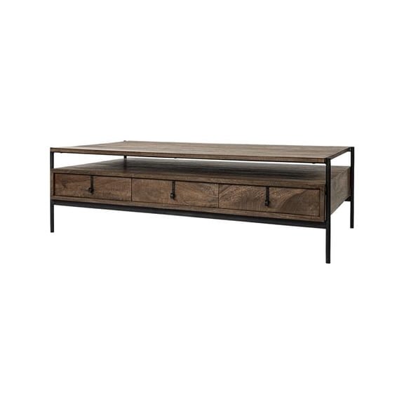 Rectangular Solid Wood & Black Metal Coffee Table with 3 Drawers