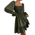 thumbnail image 3 of Robe Mini de Fête Verte à Manches Longues Lanterne à Encolure Carrée Froncée à Volants pour Femmes, 3 of 10
