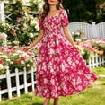 thumbnail image 6 of Women's Puff Sleeve Summer Vacation Maxi Dress, Boho Floral Print Square Neck Layered Wedding Guest Beach Dresses, 6 of 8