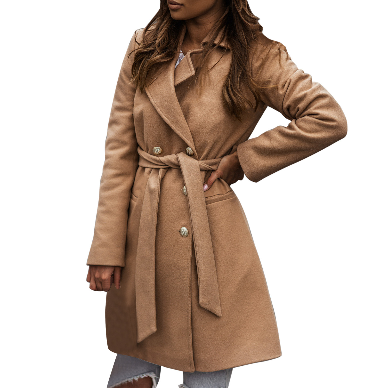 Daznico Jackets for Women Women's Coat Thin Coat Trench Jacket Suit Collar Double Long Sleeve Belt Button len Coat Khaki L - image 2 of 9