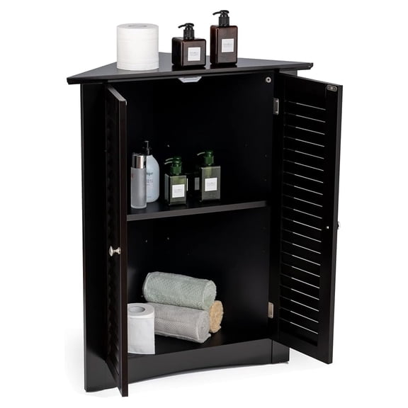 3-Shelf Corner Cabinet, Bathroom Floor Cabinet with Double Shutter Doors & Adjustable Shelf, Suitable for Bathroom, Living Room, Kitchen, 25 x 12.5 x 32 inches (Brown)