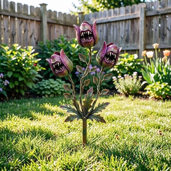 Halloween Flower Metal Garden Stake Carnivorous Art Decor with Ground Spike Whimsical Yard Ornament Weatherproof Outdoor Decor for Gardens Party Landscape