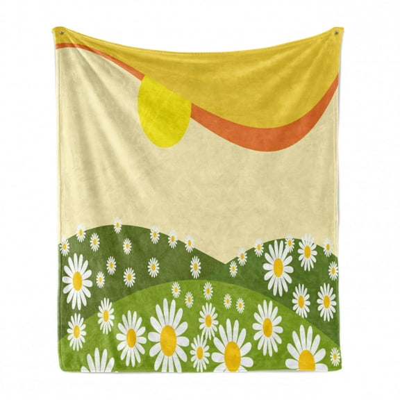 Nature Soft Flannel Fleece Throw Blanket, Daisy Flower Field with Chamomiles Hill Under Sun Idyllic Cartoon, Cozy Plush for Indoor and Outdoor Use, 70" x 90", Earth Yellow Lime Green, by Ambesonne