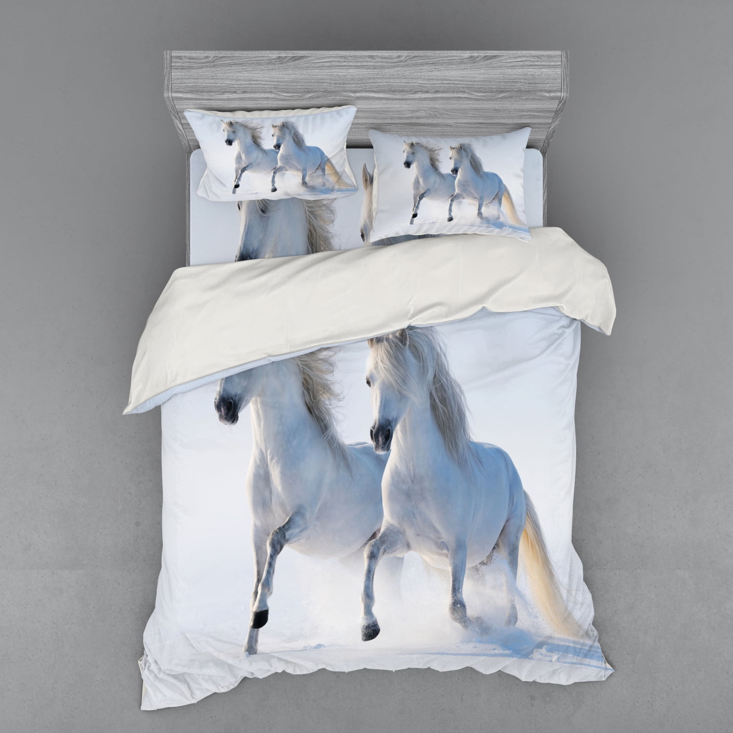 Winter Duvet Cover Set, Galloping Noble Horses on Snow Covered Field