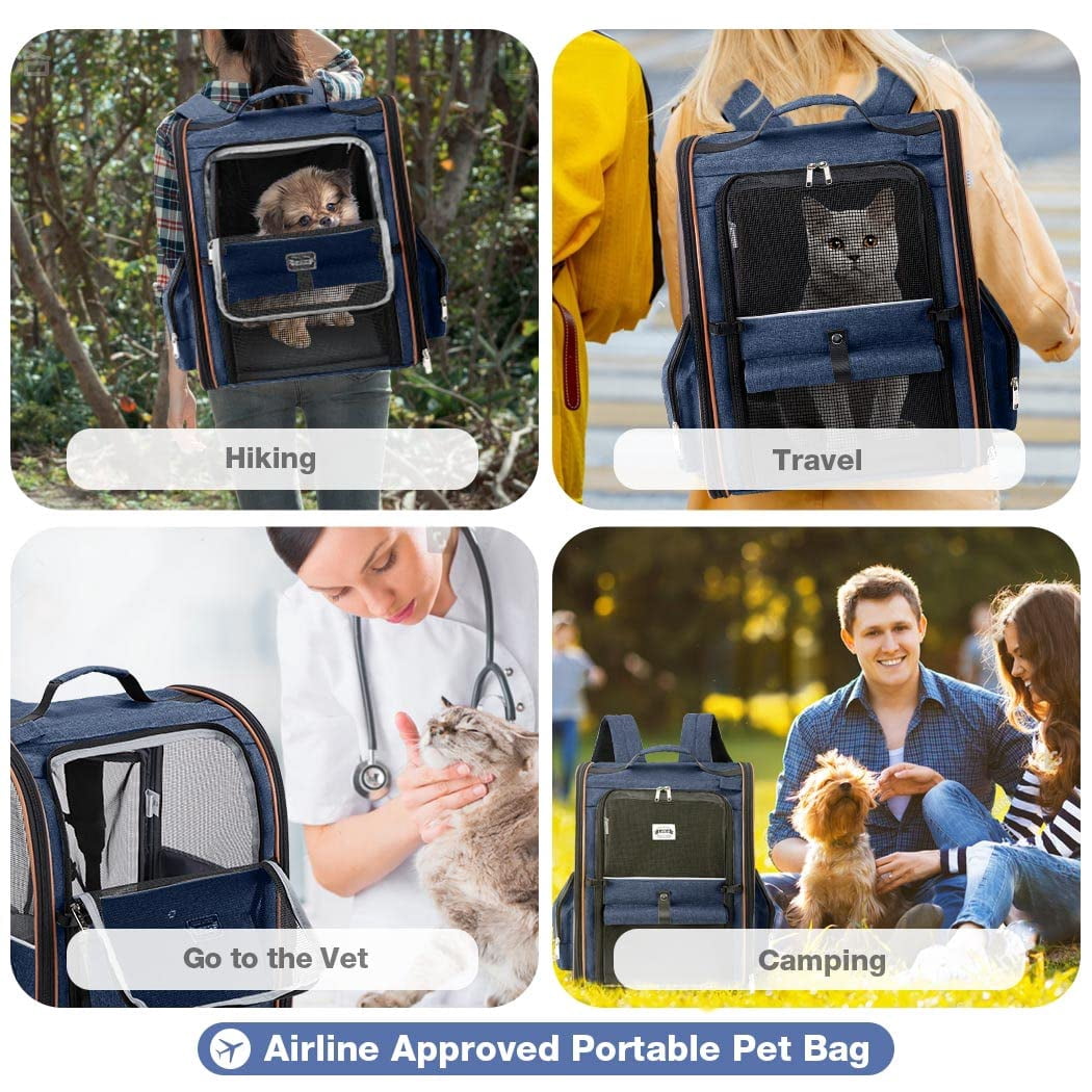Extra Large Expandable Cat Backpack Carrier, Pet Carrier Backpack for Small Dogs & Medium Cats, Supports Up to 18 Lbs, Foldable Design for Travel Hiking Outdoor Use, Breathable Pet Backpack, Blue