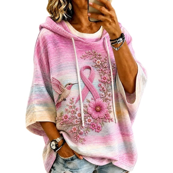 In October We Wear Pink Shirt 3D Pink Ribbon Hummingbird Floral Gradient Print Breast Cancer Hoodies 3/4 Sleeve Breast Cancer Sweatshirts For Women