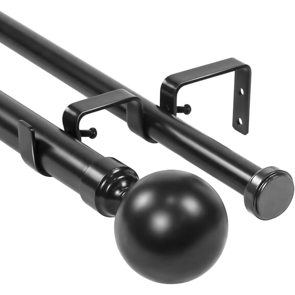 Urbanest Adjustable Double Curtain Rod Set Steel Ball Flat Button Finials – 1″ Front & 3/4 Back Rod With Black Rod, 28– 48 Inches