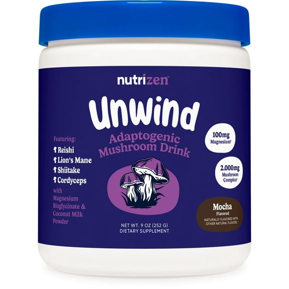 Nutricost Nutrizen PM Unwind Adaptogenic Mushroom Drink (Mocha Flavored) 30 Servings - Includes Reishi, Lion's Mane, Shiitake, Cordyceps