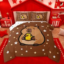 Manfei Children Kids Cute Capybara Yellow Duck Bedding Comforter Set 2pcs,Stars Print Twin Comforter Sets Microfiber,Cartoon Animal Breathable Bedding Set,Super Cozy Room Decor,Reversible