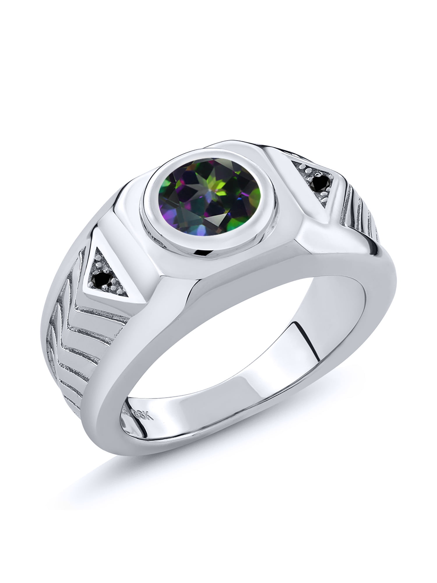 Gem Stone King 2.03 Ct Round Green Mystic Topaz Black Diamond 925 Sterling Silver Men