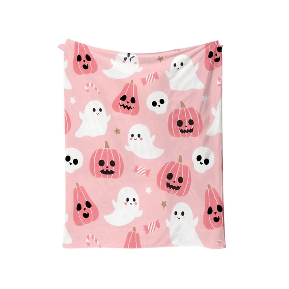 JuDWoC Pink Halloween Throw Blanket Soft Flannel Fleece Blanket Cute Ghost Pink Pumpkin Skull Candy Cane Pattern Blanket for Couch Sofa Bed Decor 39.3*27.6in