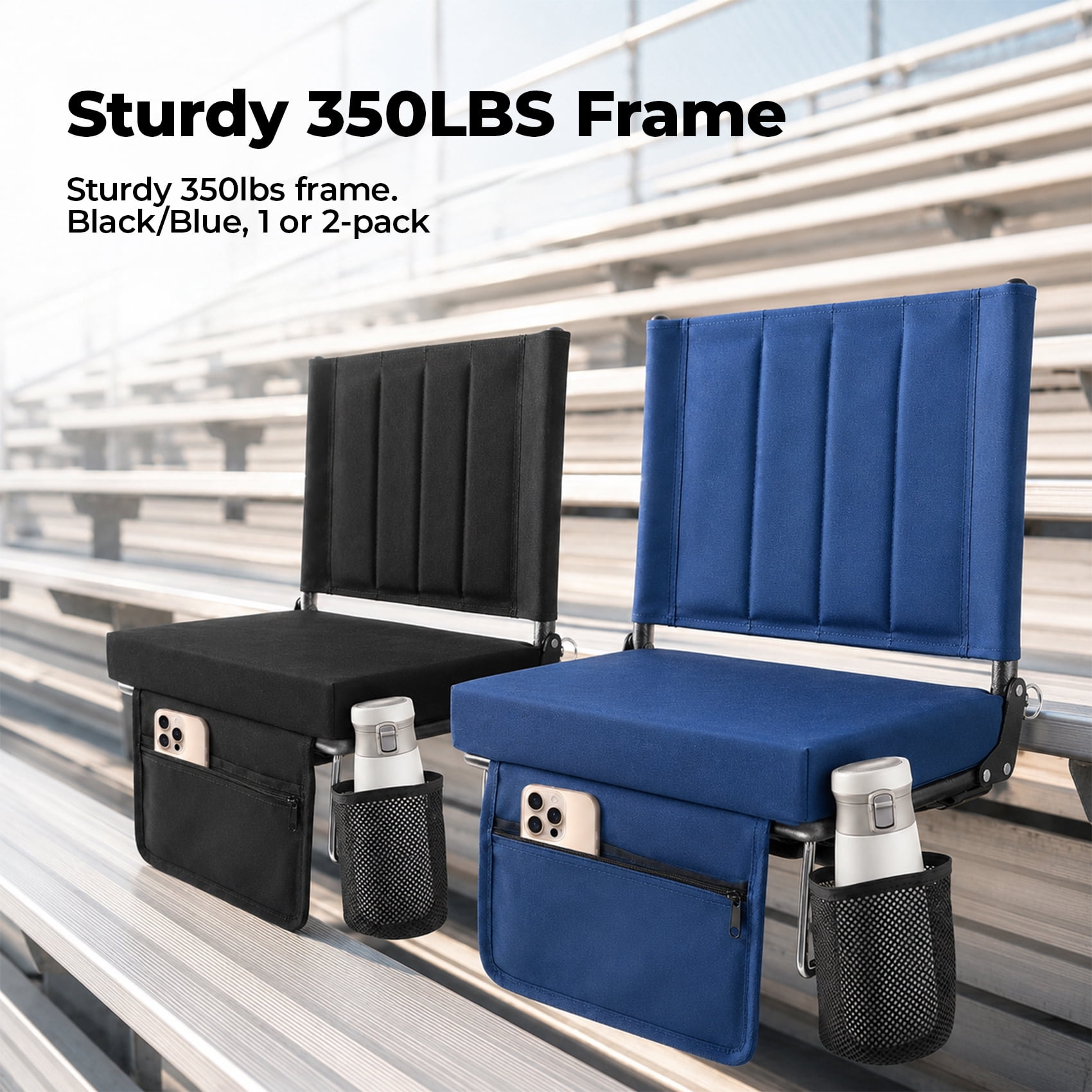 Alvantor Stadium Seat for Bleachers with Back Support, Portable Bleacher Seat with Wide Comfy Padded Cushion, Metal Hook, Folding Stadium Chair with Shoulder Strap, Carry Handle, Cup Holder