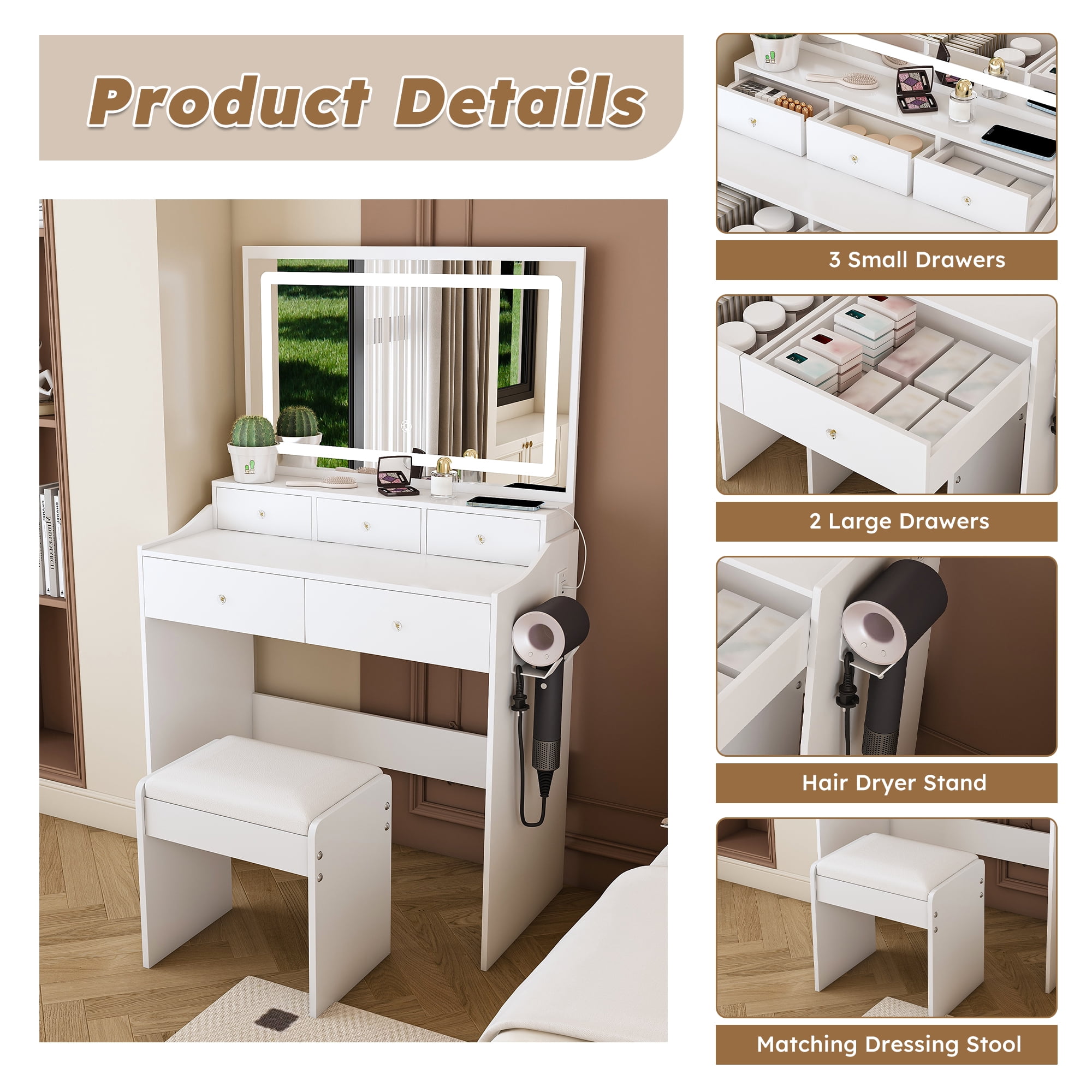 New Large Mirror Vanity Desk for Bed room , Modern Makeup Vanity Set with Power Outlet and Hair dryer holder, 5 Drawers, 3 Lighting Color Adjustable Dressing Table for Bedroom, White Color