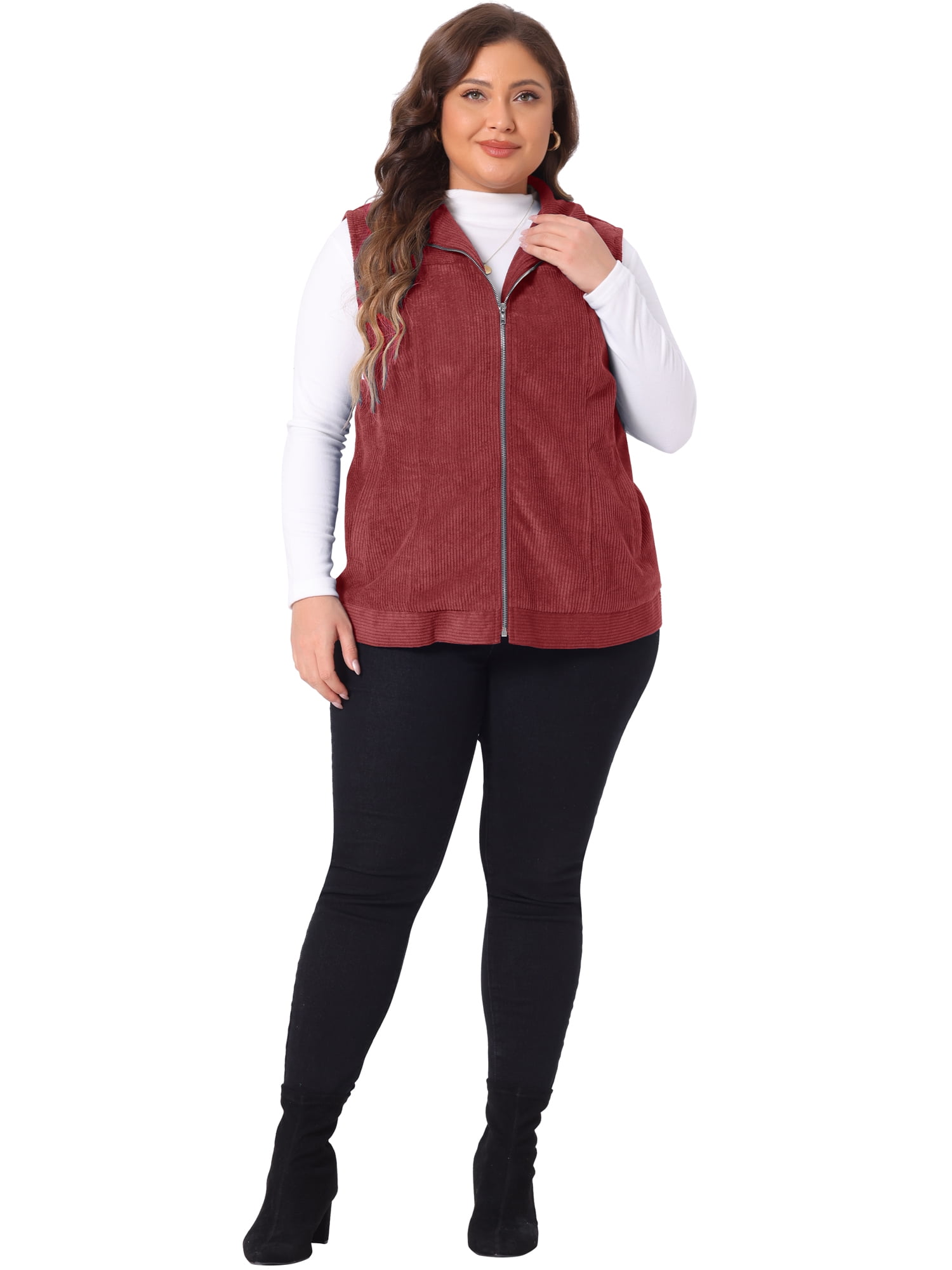 DARING DIVA Women's Plus Size Sleeveless Zipper Side Pocket Corduroy Vests 2X Burgundy