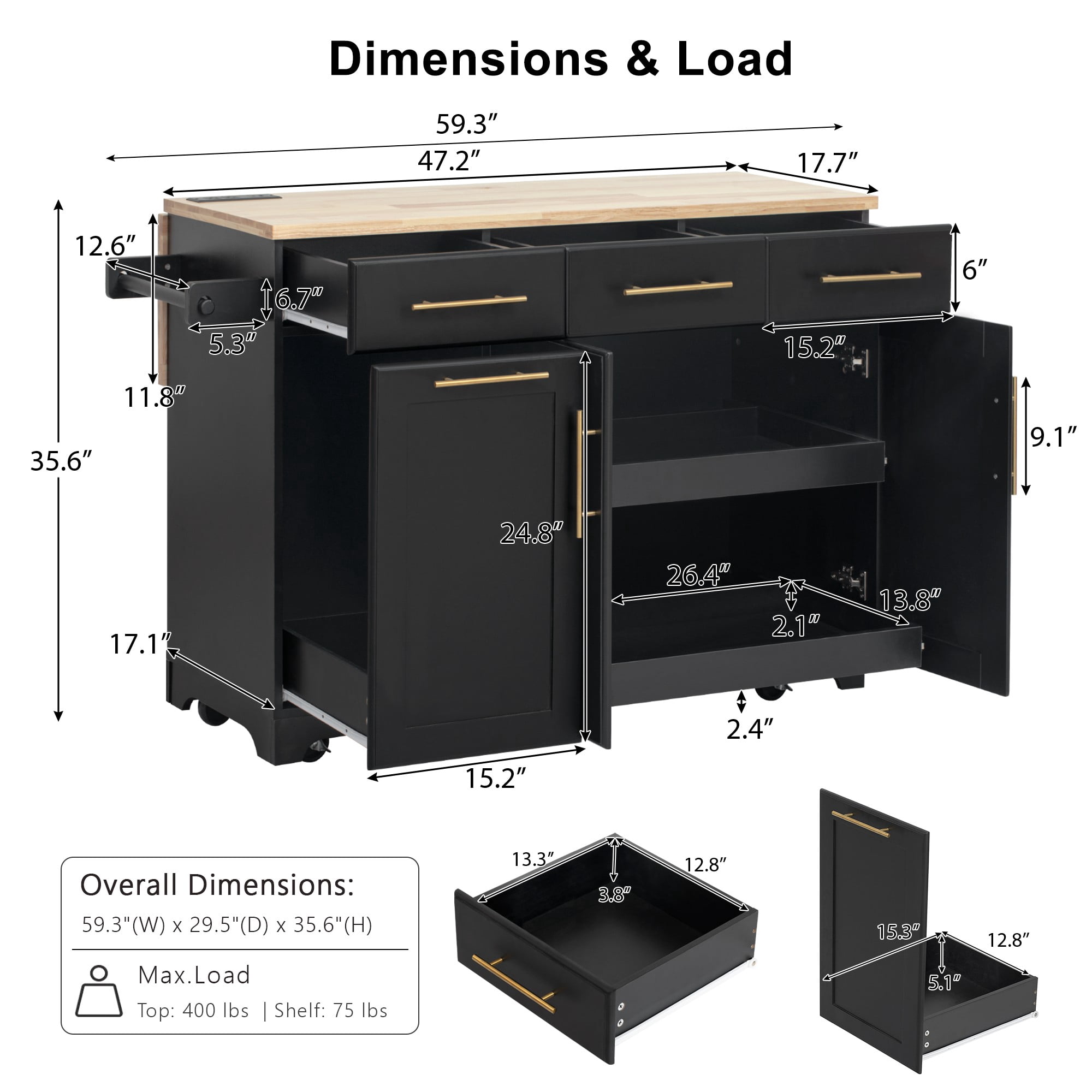 Homy Casa Kitchen Island Cart with Storage Drawers, Foldable Rubberwood Top & Charging Station - Black