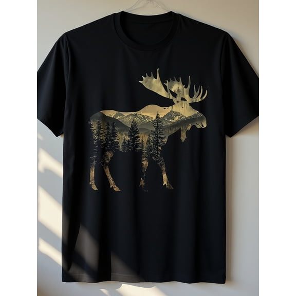 Retro Moose Mountain Forest Double Exposure Graphic T-Shirt - Nature Wildlife Wilderness Outdoor Adventure Tee for Men and Women