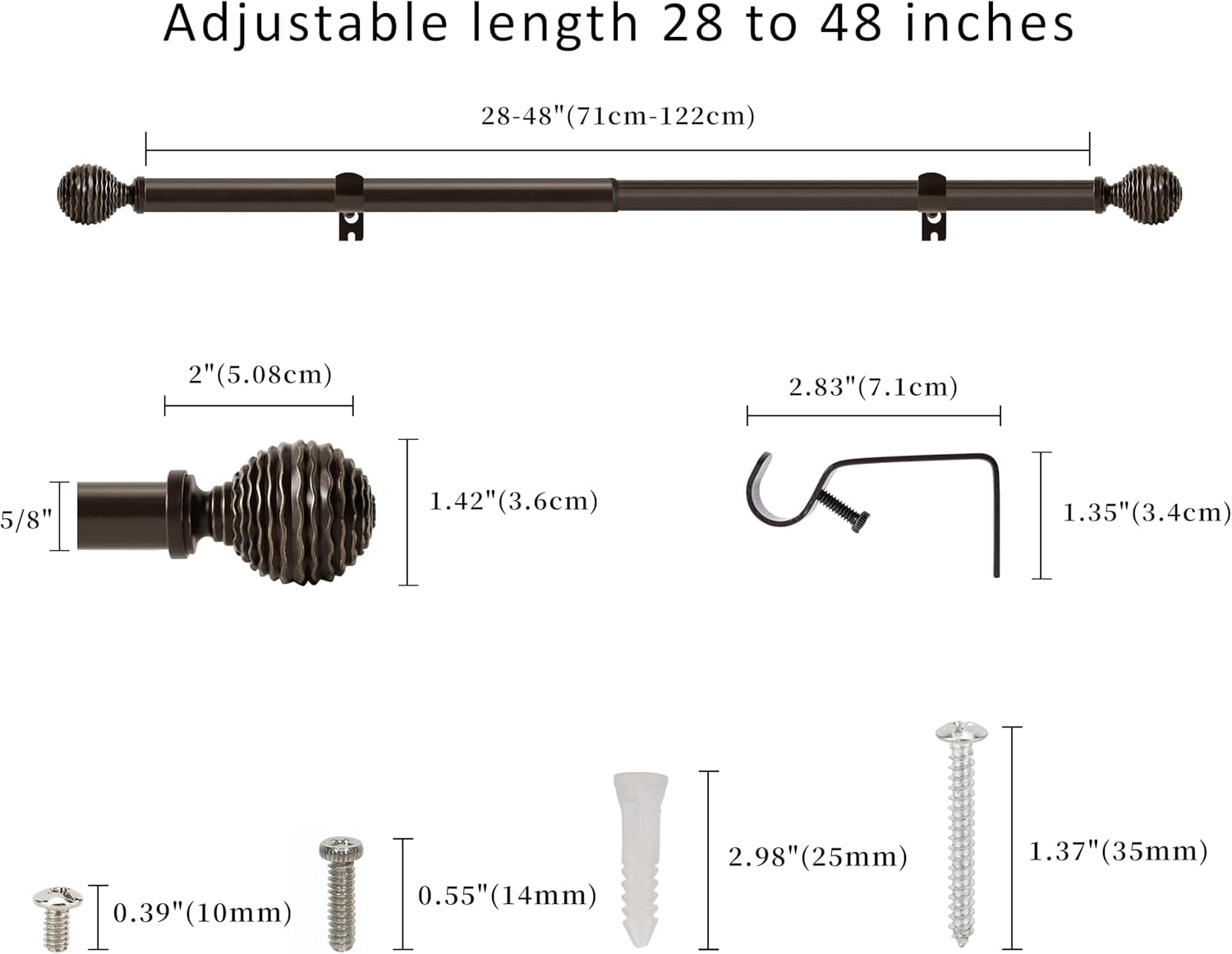 eTeckram 5/8" Single Curtain Rod with Boule Finials,Bronze Gold,28‘’-48‘’