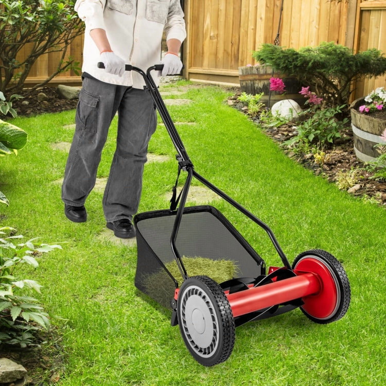 YYAo 14 Inch Push Lawn Mower with 5 Steel Blades and Grass Catcher Bag-Red