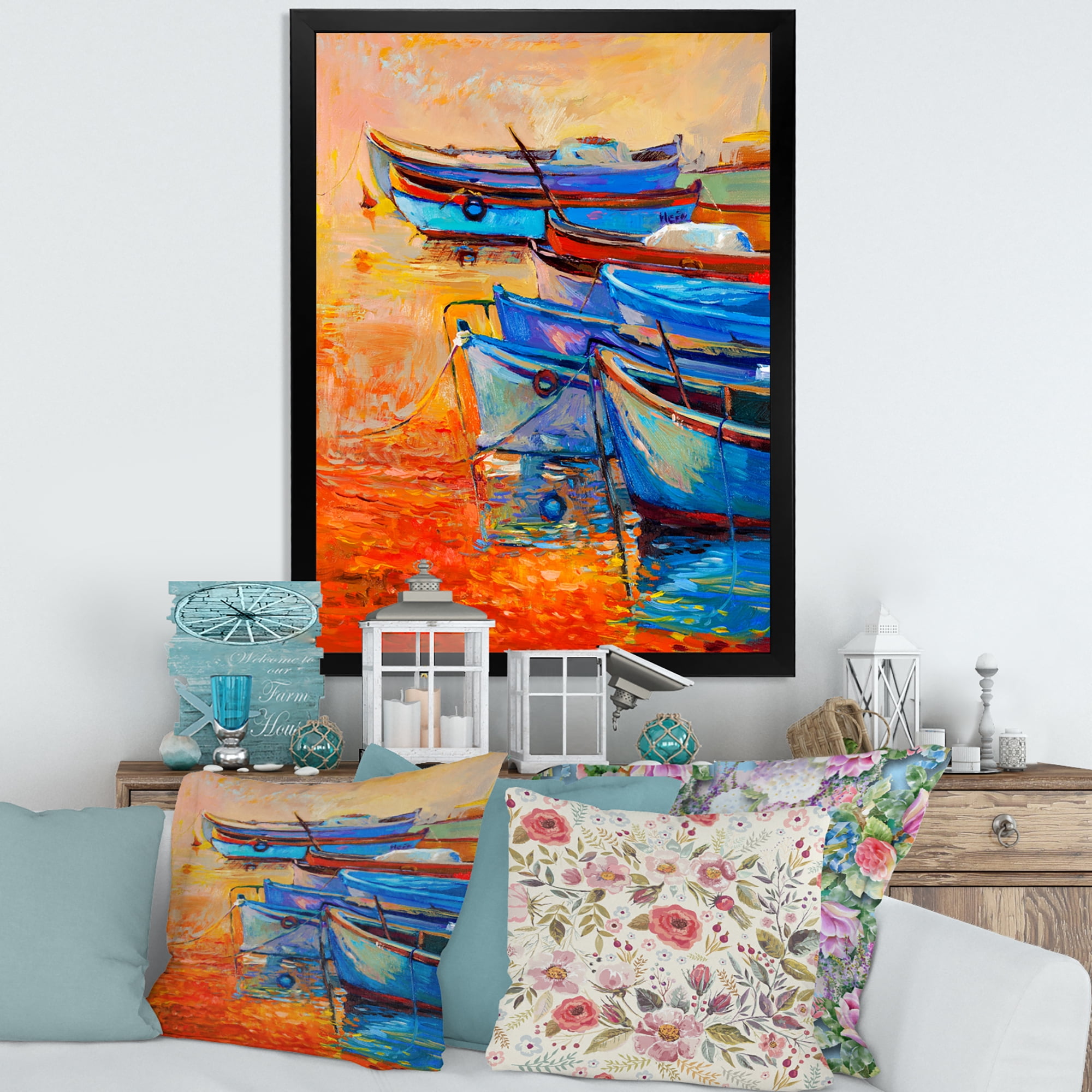 Boats During Warm Sunset Resting On The Water VIII 30 in x 40 in Framed Painting Canvas Art Print, by Designart