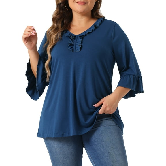 DARING DIVA Women's Plus Ruffle V Neck Tunic Dressy Top 1X Blue