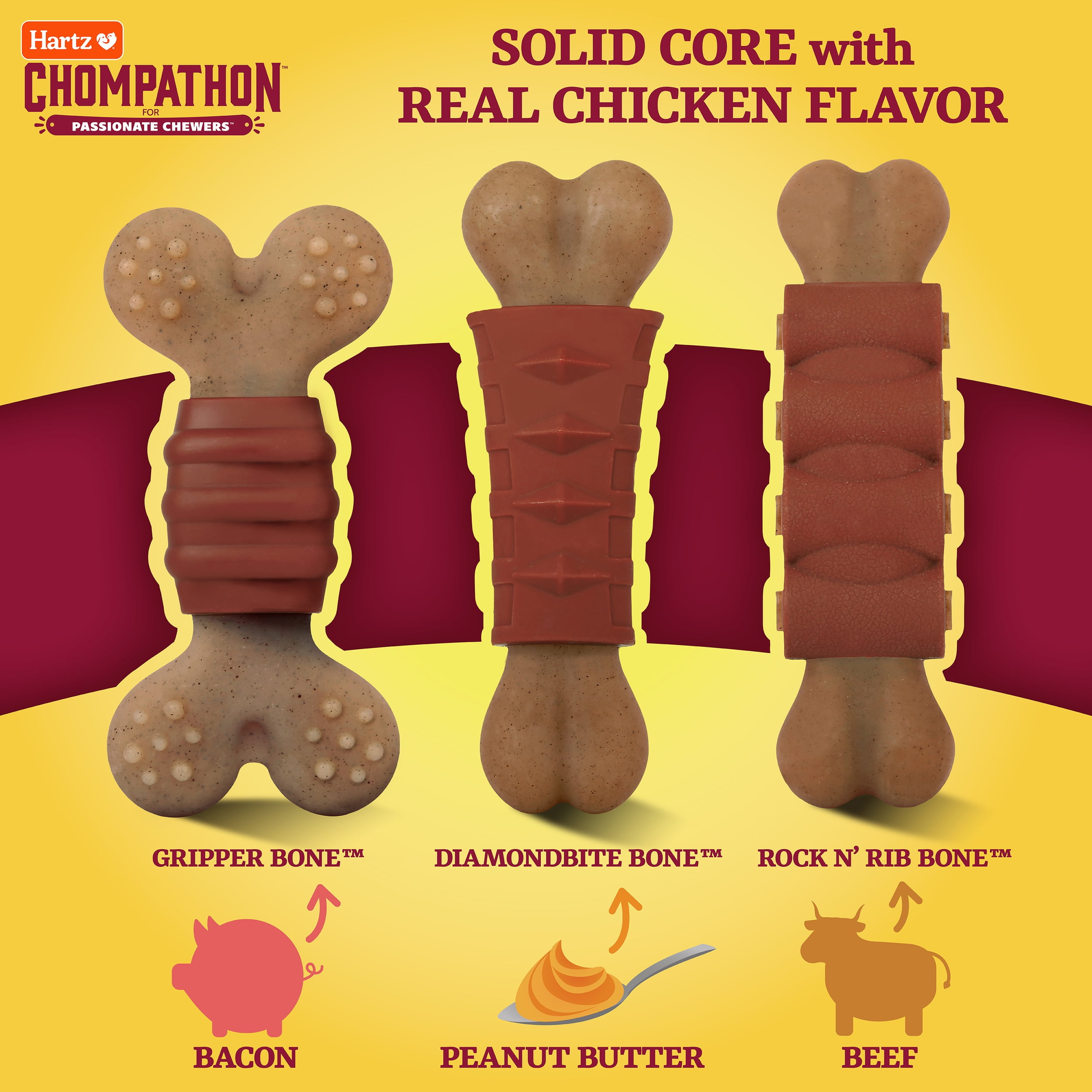 (3 pack) Hartz Chompathon Rock 'N Rib Bone, Nylon, Tough Dog Chew Toy