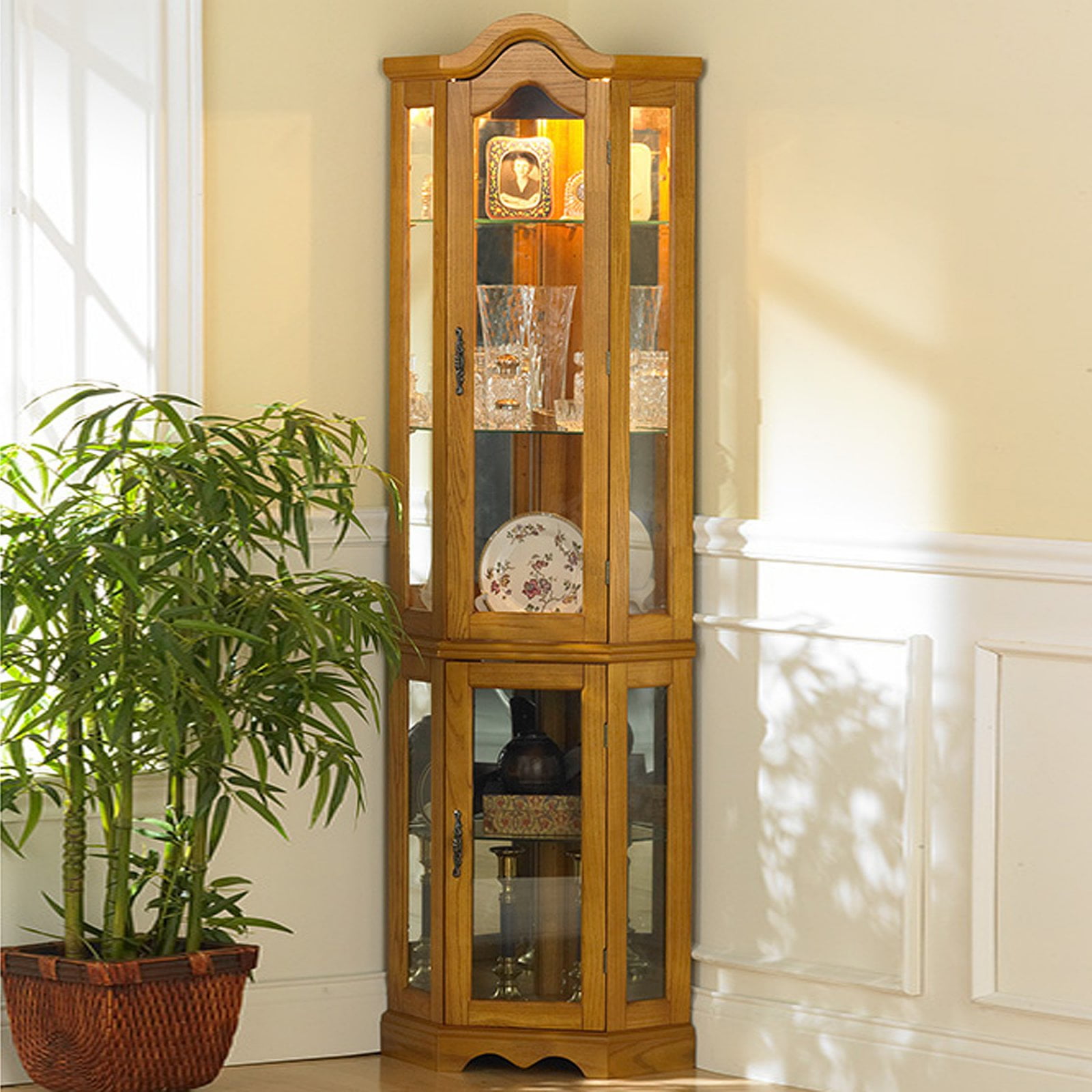 Corner Lighted Curio Cabinet Golden Oak Box 1 Of 2 Walmart