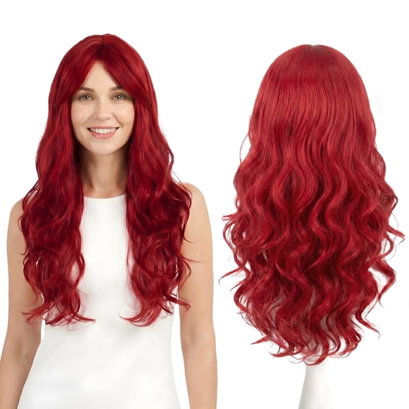 25" Red Wigs for Black Women Long Deep Wave Wigs with Bang Synthetic Mer-maid Wigs Curly Wigs for Halloween Water Wave Wigs