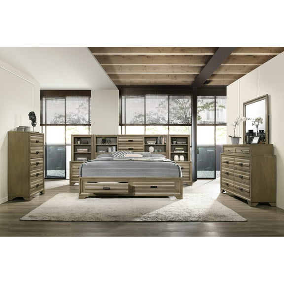 Loiret Light Grey Finish Wood Storage Platform King Wall Bed with Dresser, Mirror, Chest