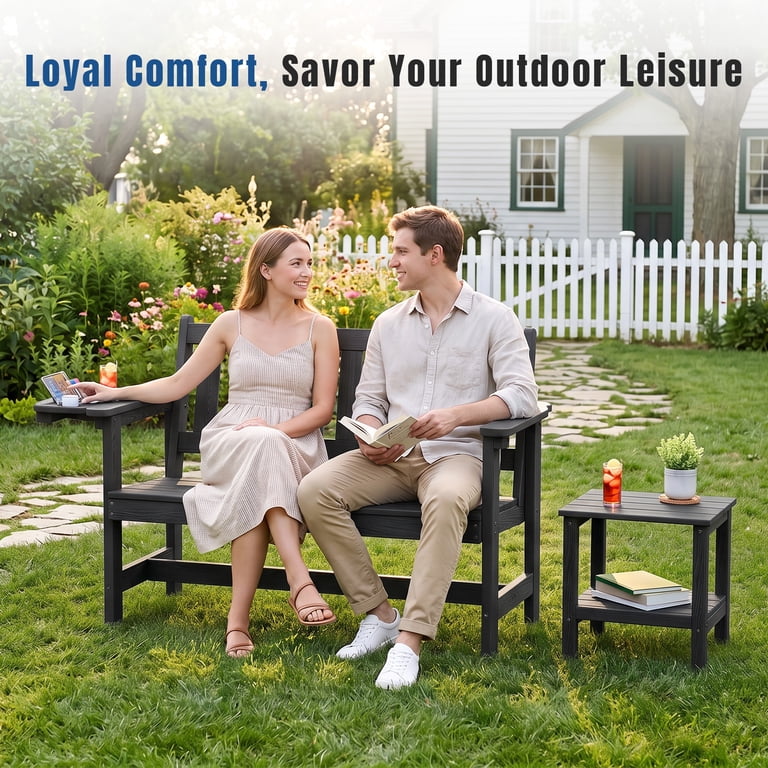 Loyalice 2-Person Outdoor Bench, Black with Fold-Out Tray photo 7