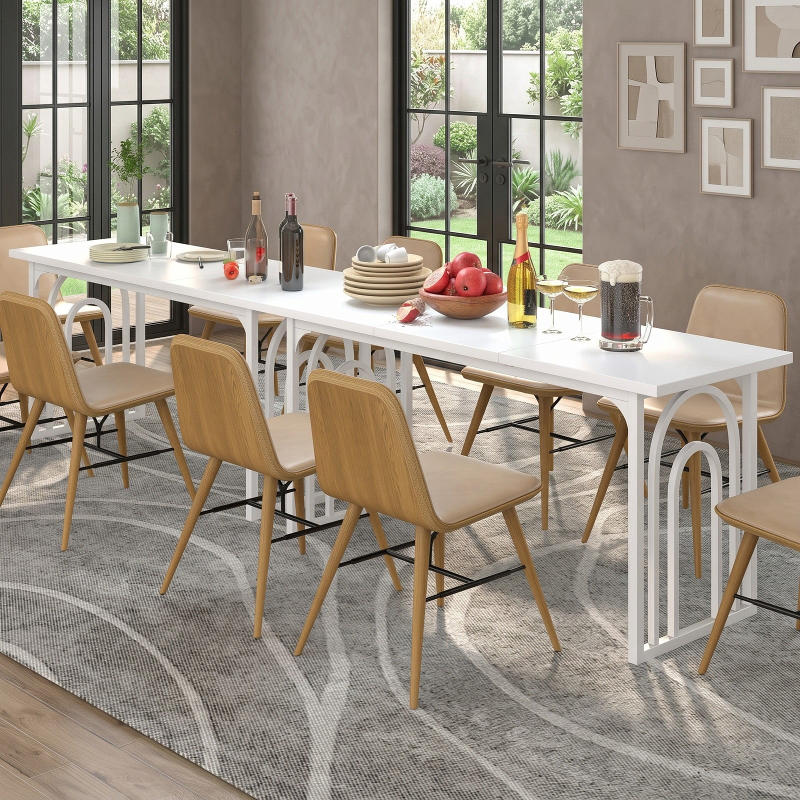 Furnibear 63 Inch Rectangular Dining Table for 6-8 People, Farmhouse Kitchen Table with Powder-Coated Metal Legs, Arch Base & Scratch-Resistant Veneered Top for, White