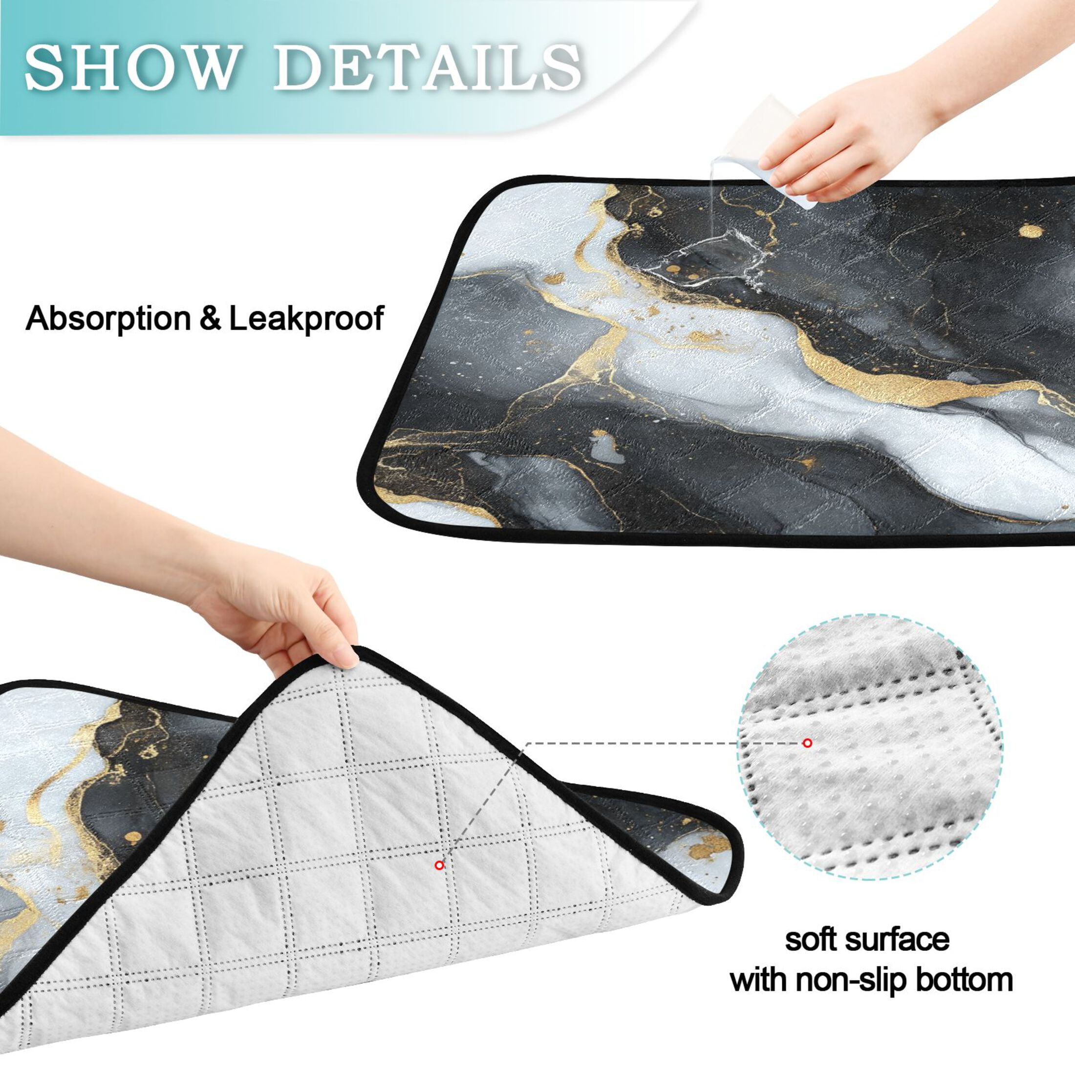Qxltty Black Gilt Marble Cat litter Pads Pet Set of 3 Diaper Mats Center Anti-leakage Layer Absorbent Soft and Comfortable
