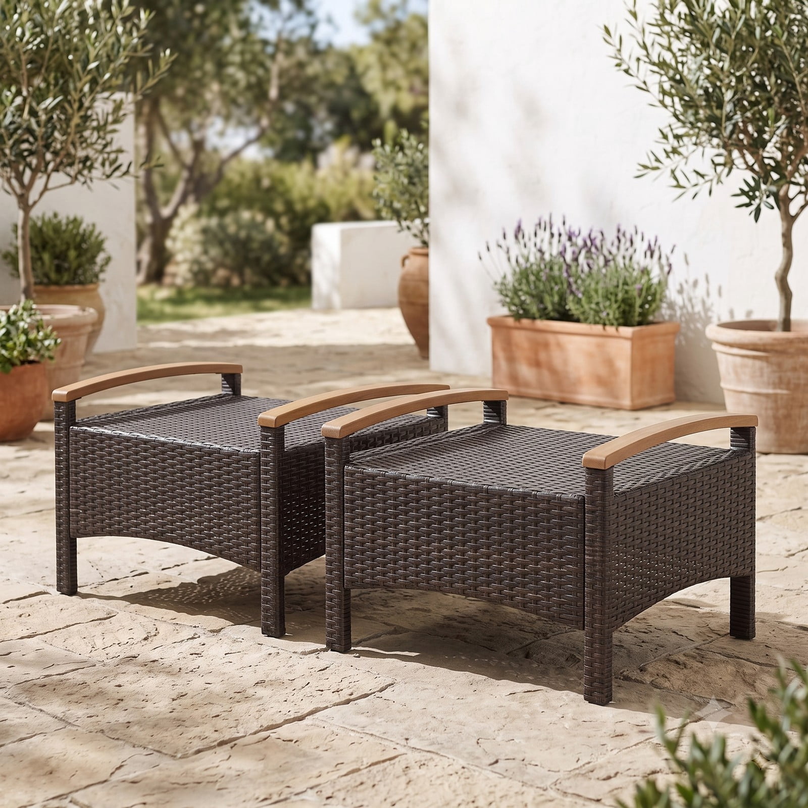 Furnibear Set of 2 Fade-Resistant PE Wicker Patio Ottomans with Cushions and Wood Handles for Outdoor Foot Rest and Extra Seating, Gray